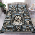 Alaskan Malamute duvet cover set displayed on a bed with snowy mountain portraits and matching pillowcases