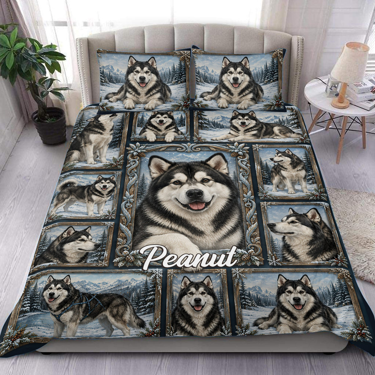 Alaskan Malamute duvet cover set displayed on a bed with snowy mountain portraits and matching pillowcases