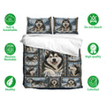 Alaskan Malamute bedding set with snowy forest artwork, matching pillowcases, and soft breathable fabric icons