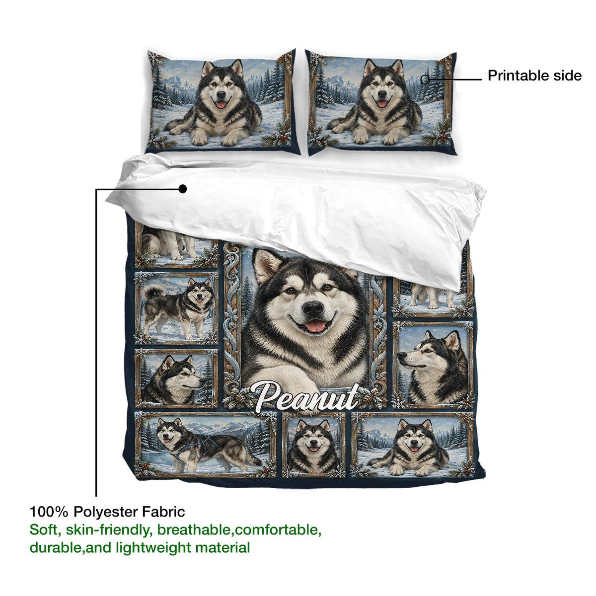 Alaskan Malamute duvet cover bedding set showing the printed side, fabric detail, and framed winter dog artwork
