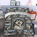 Alaskan Malamute duvet cover set styled in a bedroom with snowy portraits, mountain scenery, and matching pillowcases