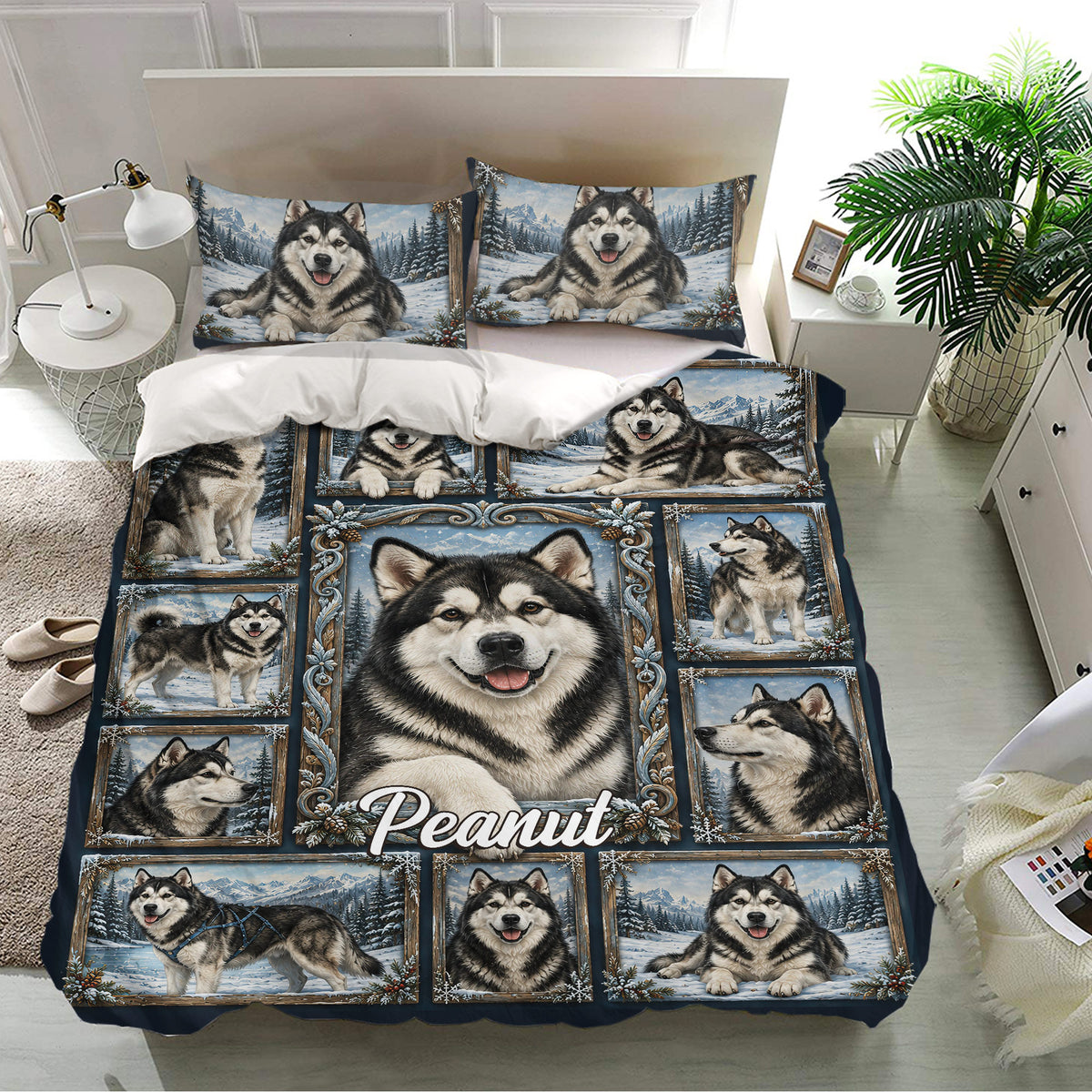 Alaskan Malamute bedding set in a bright bedroom featuring framed dog portraits, snowy landscapes, and navy accents