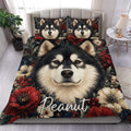 Alaskan Malamute duvet cover set with a large dog portrait, floral artwork, and matching pillowcases