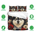 Alaskan Malamute bedding set shown with floral dog artwork, matching pillowcases, and soft breathable design