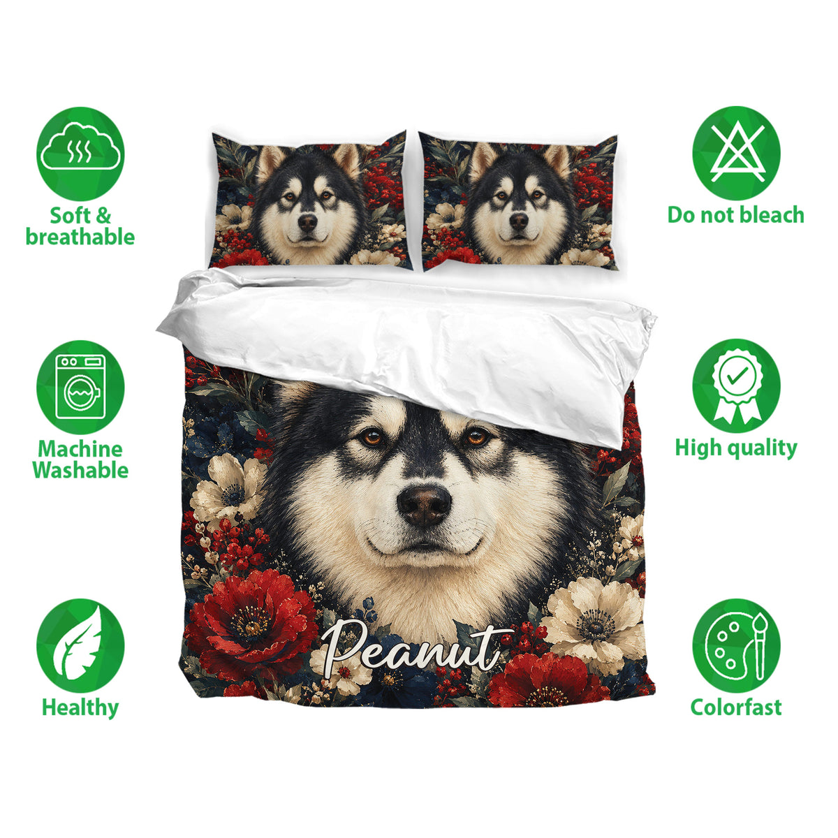 Alaskan Malamute bedding set shown with floral dog artwork, matching pillowcases, and soft breathable design
