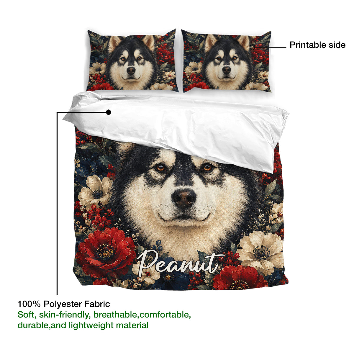 Alaskan Malamute duvet cover with floral portrait artwork and matching pillowcases in a bedroom bedding display