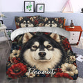 Alaskan Malamute duvet cover bedding set styled in a bedroom with bold floral dog artwork