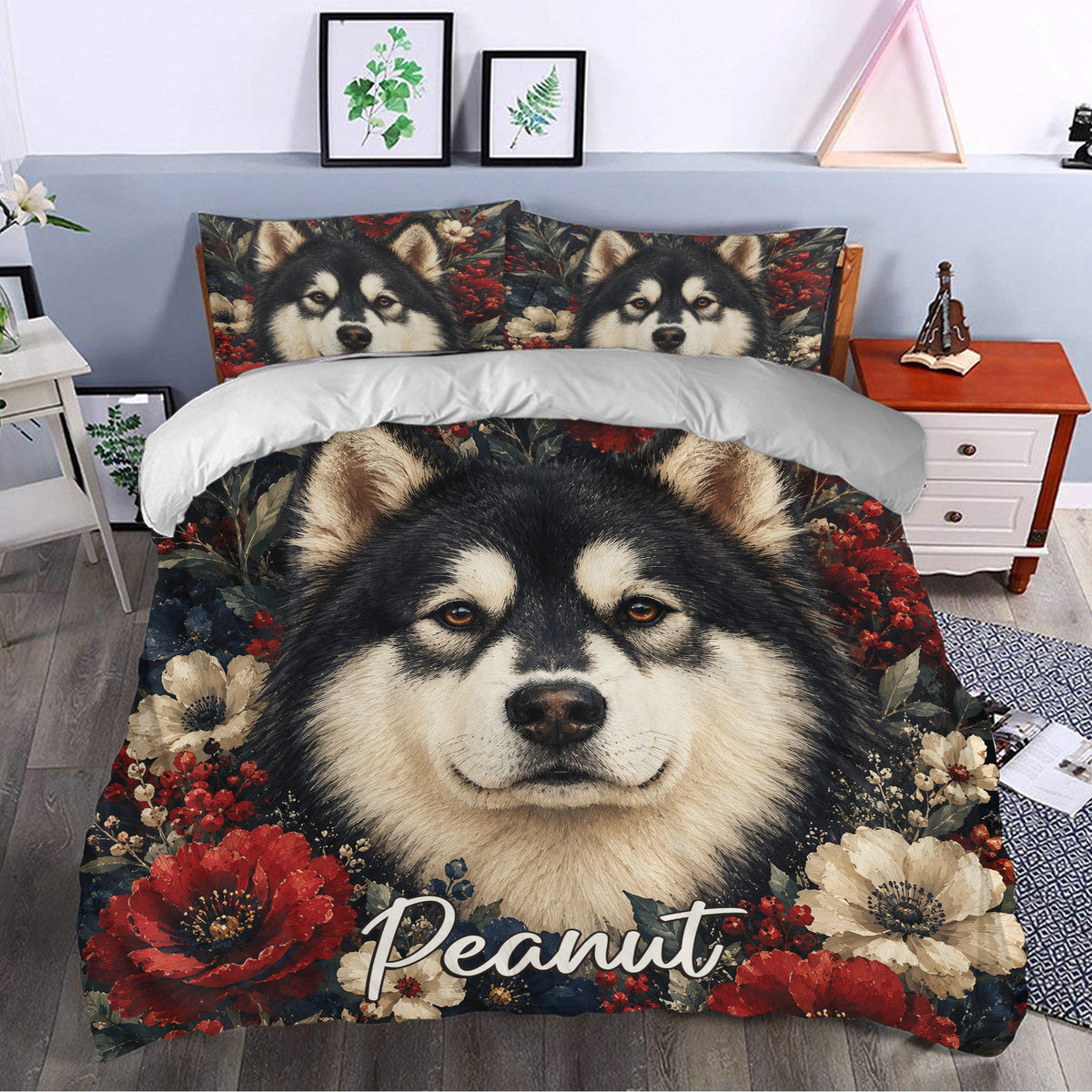 Alaskan Malamute duvet cover bedding set styled in a bedroom with bold floral dog artwork