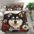Alaskan Malamute bedding set featuring a close-up dog portrait surrounded by red and cream flowers