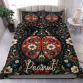 Custom name ladybug duvet cover set featuring an ornate red ladybird with floral patterned wings, cream daisies, folk art vines and flowers on a dark navy background with coordinating pillowcases.