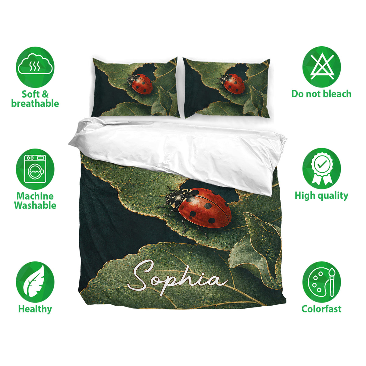 Ladybug bedding set shown with matching pillowcases and leafy red ladybug artwork in green and black