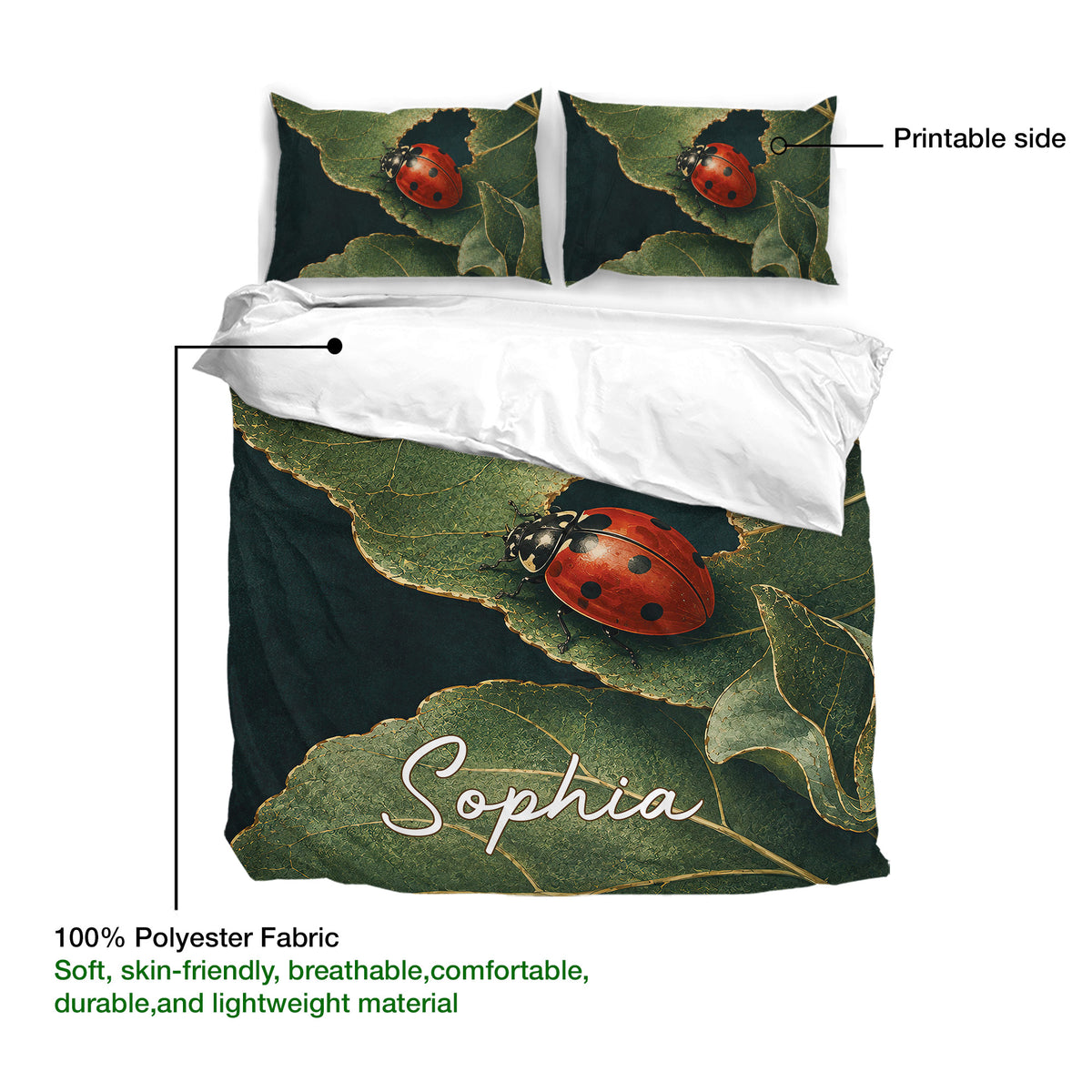 Ladybug duvet cover detail with leafy artwork, matching pillowcases, and a soft polyester fabric callout