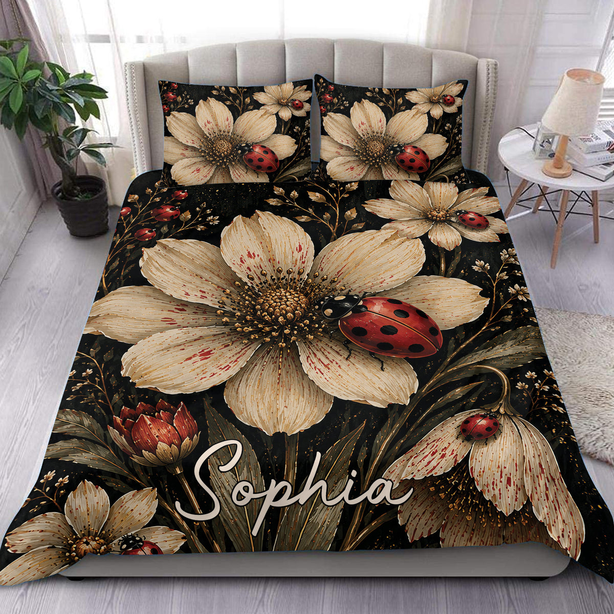 Ladybug duvet cover set displayed on a bed with cream flowers, red insects, and a dramatic black botanical background