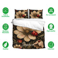 Ladybug bedding set presentation with floral artwork, red and black insects, and matching pillowcases