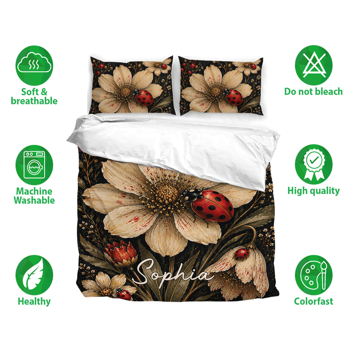Ladybug bedding set presentation with floral artwork, red and black insects, and matching pillowcases