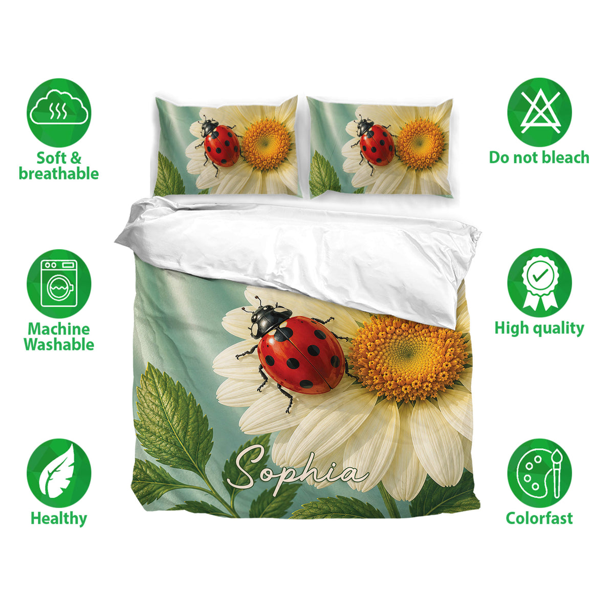 Ladybug bedding set with daisy artwork shown on a bed alongside soft breathable fabric and care icons