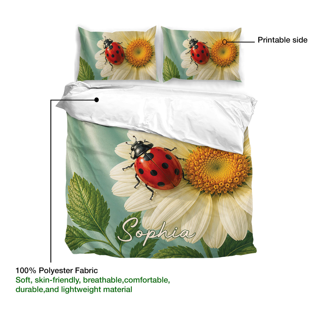 Ladybug duvet cover and pillowcases featuring red spotted insects on white daisies and leafy greenery