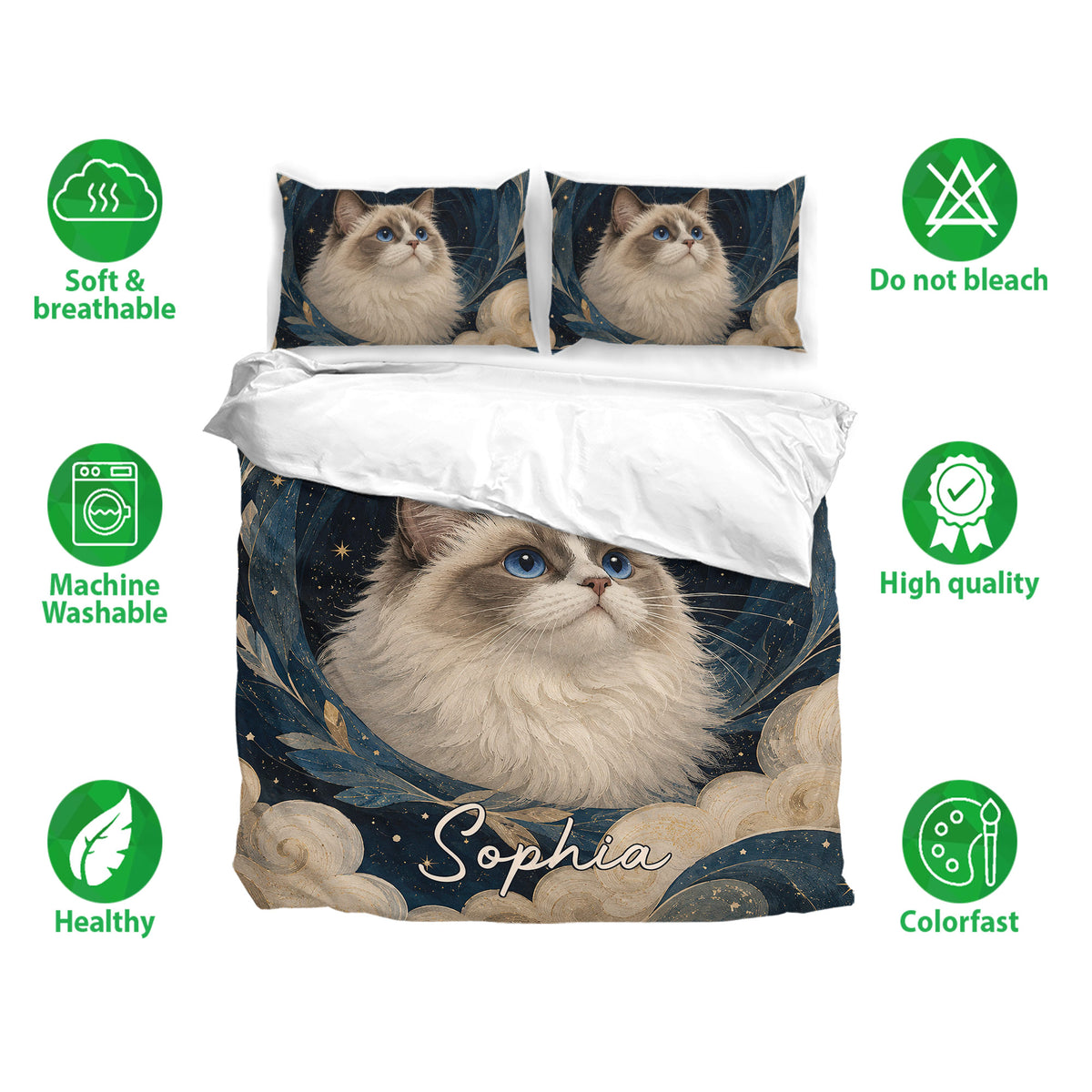 Ragdoll cat bedding set shown with matching pillowcases, soft blue artwork, and visible care feature icons