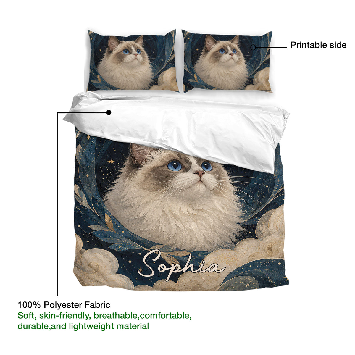 Ragdoll cat duvet cover and matching pillowcases displaying a richly illustrated blue and gold celestial design