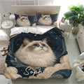 Ragdoll cat bedding set presented in a modern bedroom with matching pillowcases and dark celestial decor