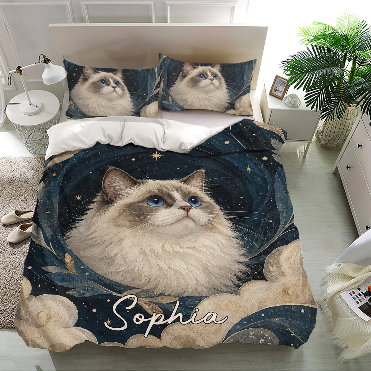 Ragdoll cat bedding set presented in a modern bedroom with matching pillowcases and dark celestial decor