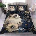 Ragdoll cat duvet cover set with blue flowers, gold botanical details, and a deep navy bedroom design