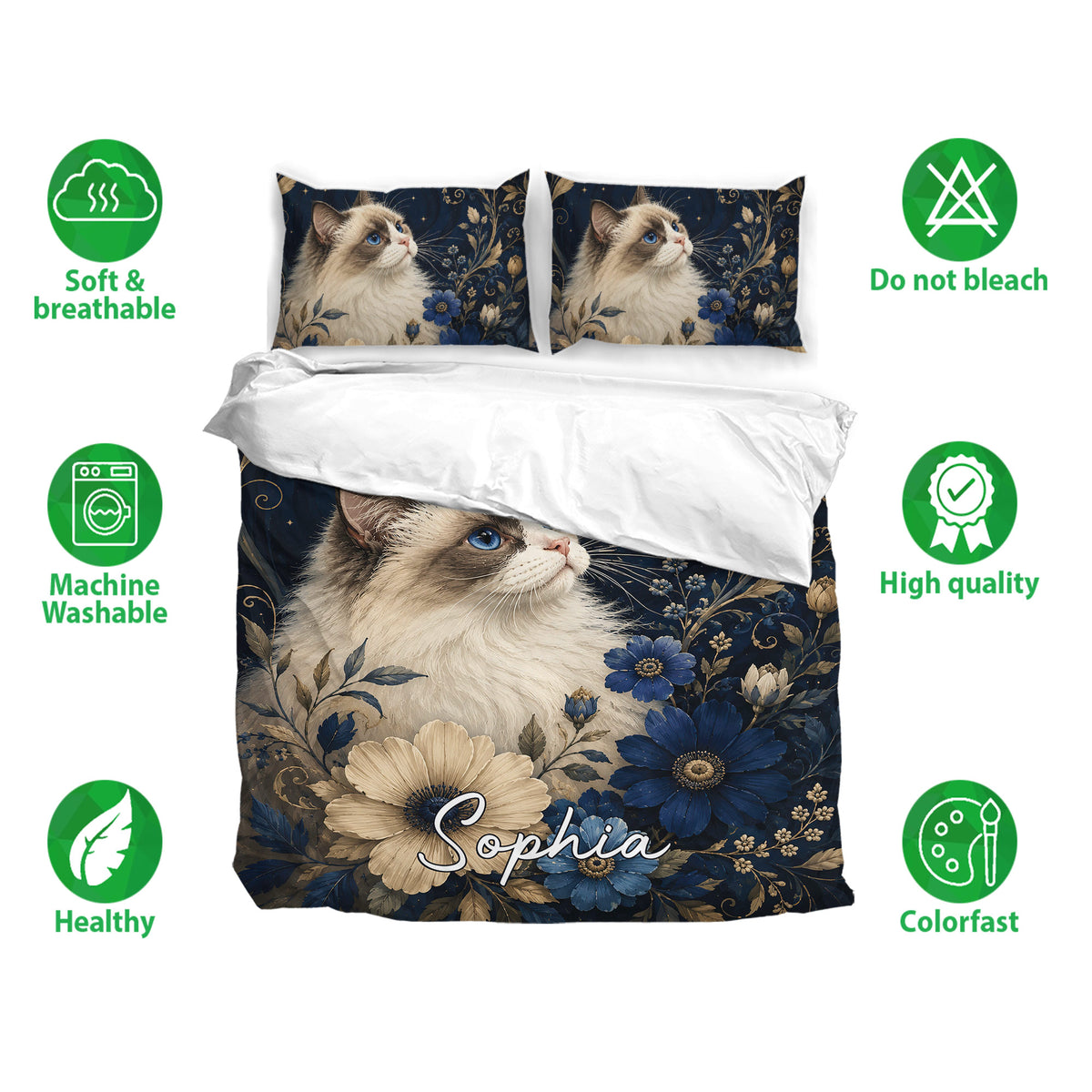 Ragdoll cat bedding set displayed with matching pillowcases and deep navy floral artwork