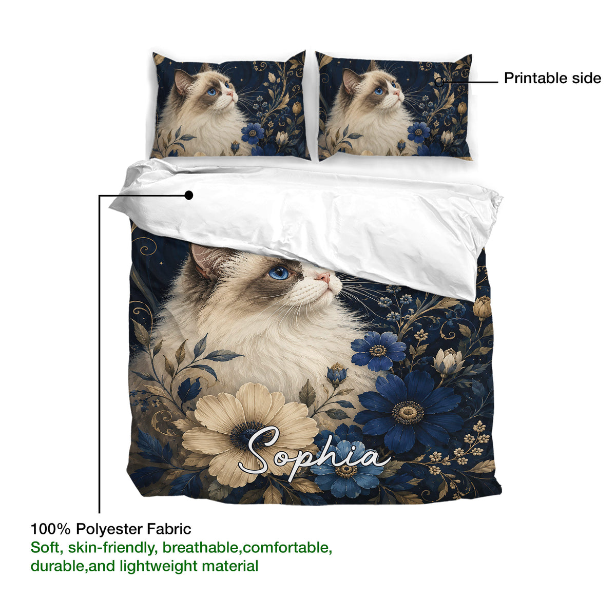 Ragdoll cat duvet cover set shown with matching pillowcases and a soft printed fabric design