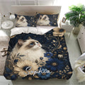 Ragdoll cat duvet cover set in a bright bedroom with matching pillowcases and botanical details