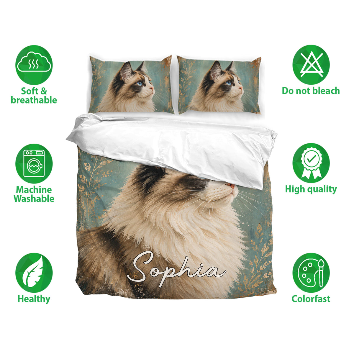 Ragdoll cat bedding set shown with matching pillowcases, teal artwork, and soft breathable fabric icons