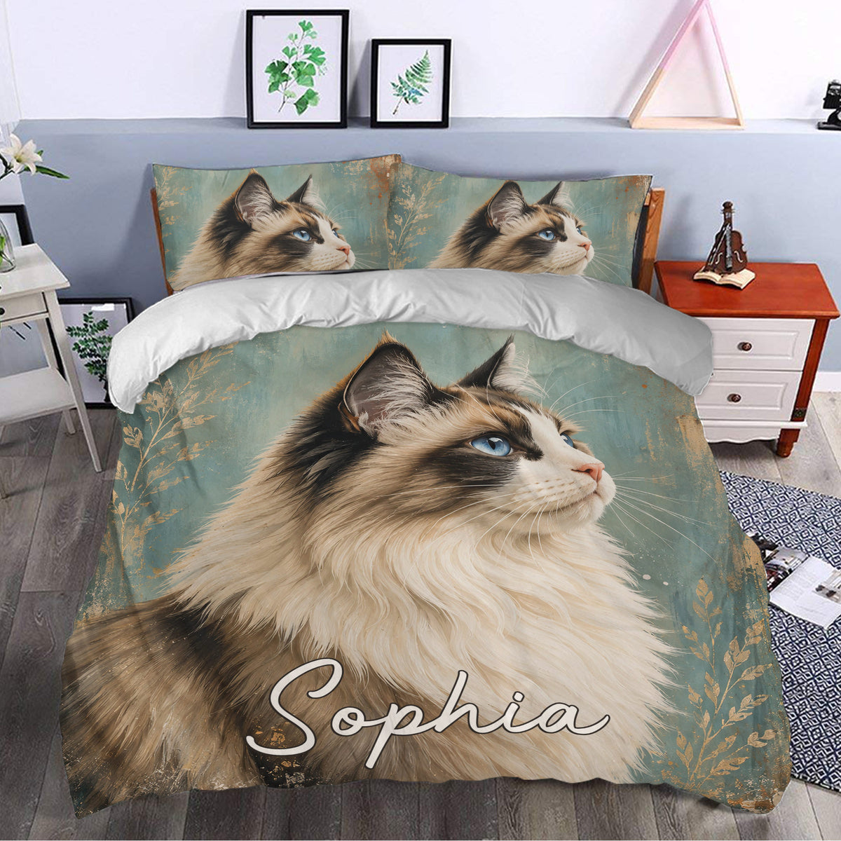 Ragdoll cat duvet cover set styled in a bedroom with teal botanical artwork and large cat portrait