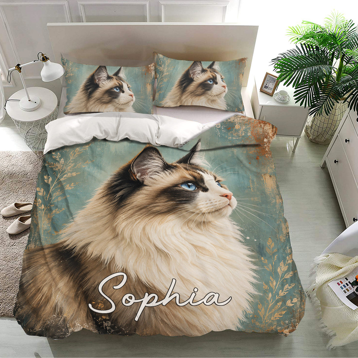 Ragdoll cat bedding set displayed in a bright bedroom with matching pillowcases and detailed teal artwork