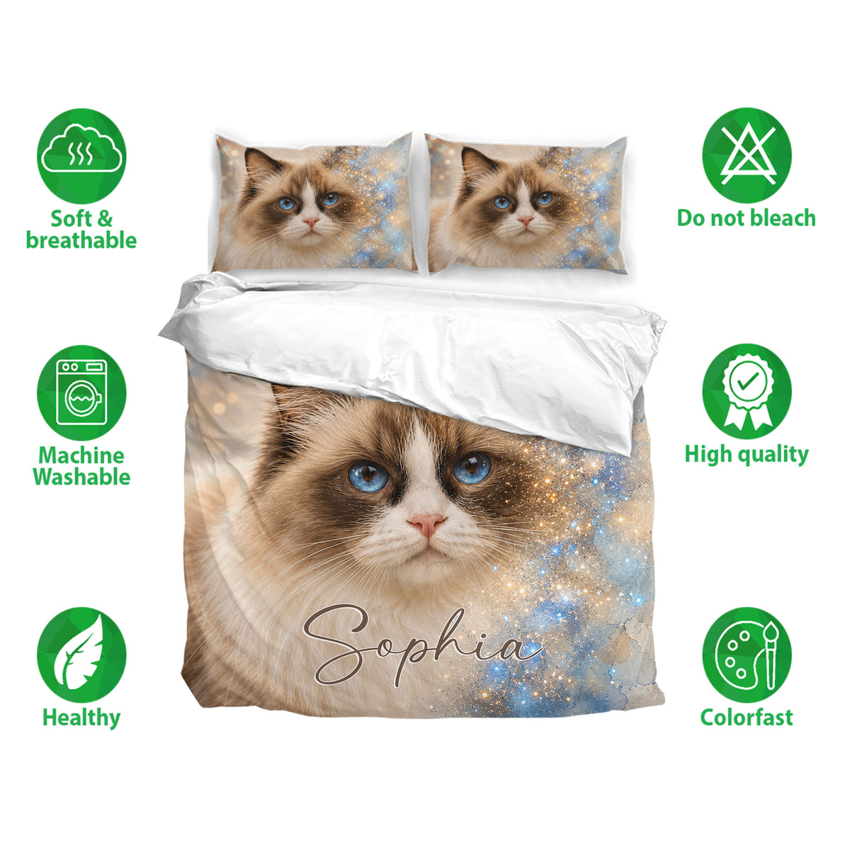 Ragdoll cat duvet cover bedding set shown with matching pillowcases and a soft, breathable bedroom design