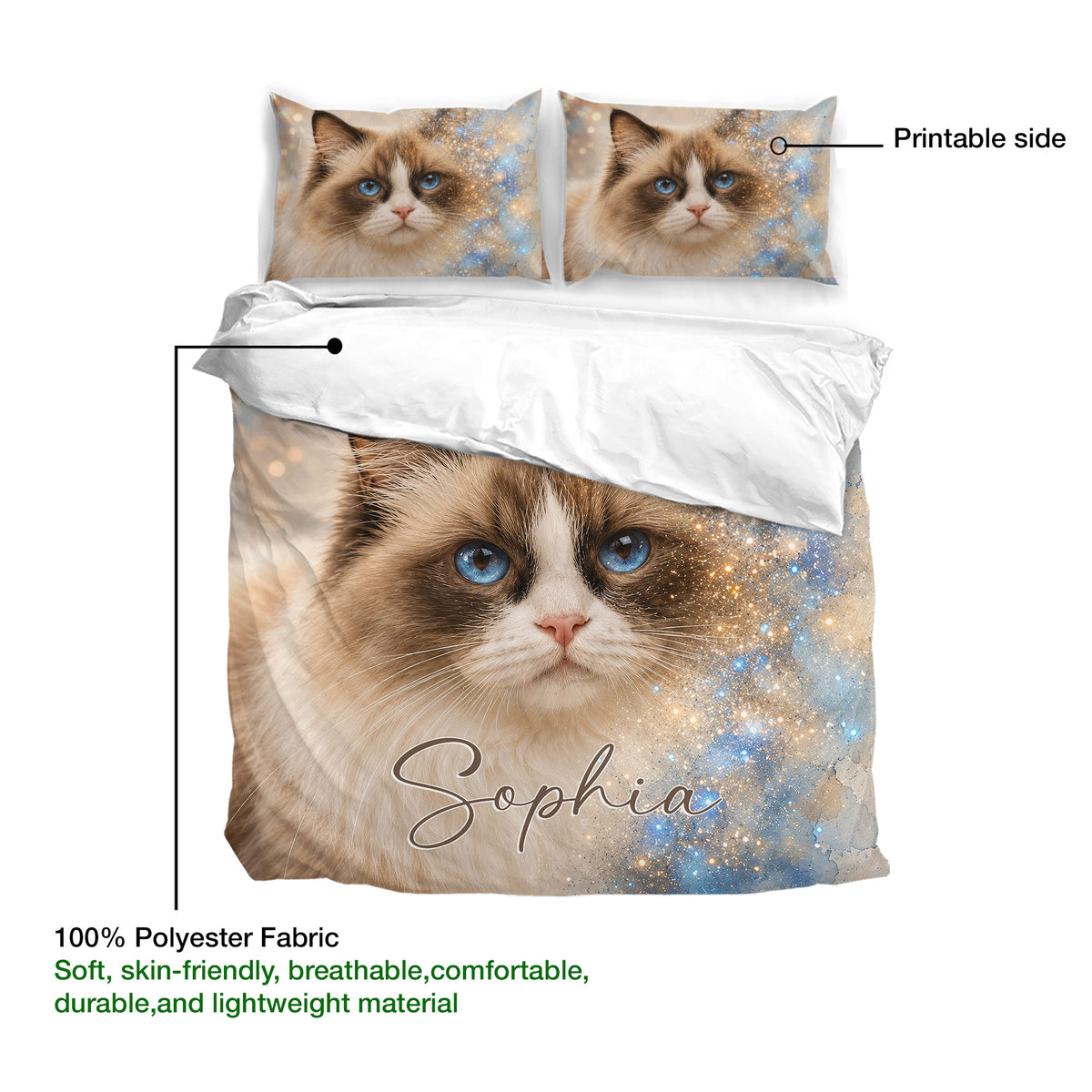 Ragdoll cat duvet cover set detail showing the printed side, lightweight fabric, and matching pillowcases