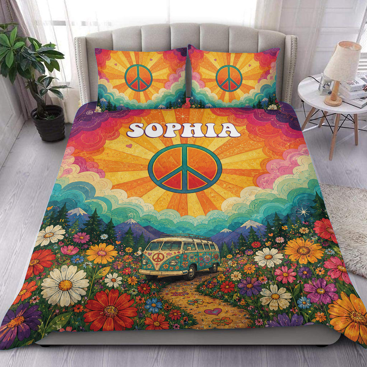 Hippie duvet cover set displayed in a bedroom with peace symbols, colorful flowers, mountains, and a vintage van