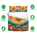 Hippie bedding set with colorful peace symbol artwork, floral scenery, and matching printed pillowcases