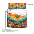 Hippie duvet cover artwork showing peace symbols, mountains, wildflowers, and a vintage van design