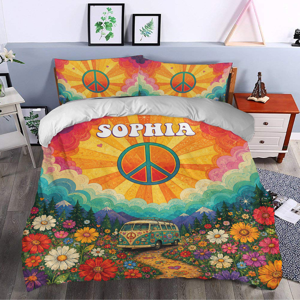 Colorful hippie bedding styled in a bedroom with peace symbols, floral artwork, and bohemian travel details