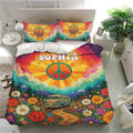 Bright hippie duvet cover set in a modern bedroom with colorful flowers, peace symbols, and vintage van artwork
