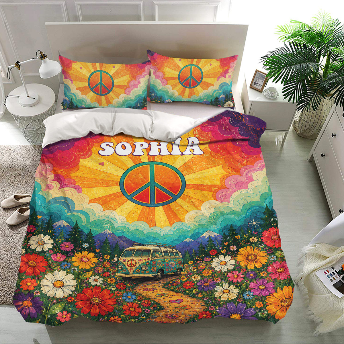 Bright hippie duvet cover set in a modern bedroom with colorful flowers, peace symbols, and vintage van artwork