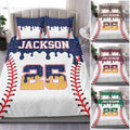 Custom baseball duvet cover set displayed on a bed with bold stitching, colorful sprinkles, and sporty graphics