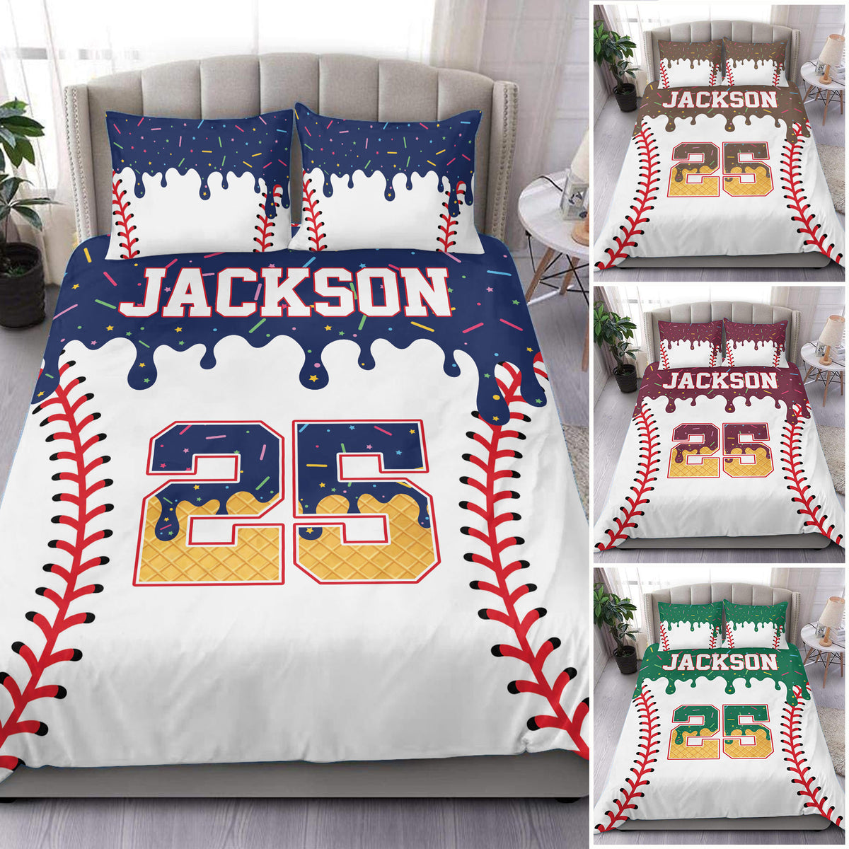 Custom baseball duvet cover set displayed on a bed with bold stitching, colorful sprinkles, and sporty graphics