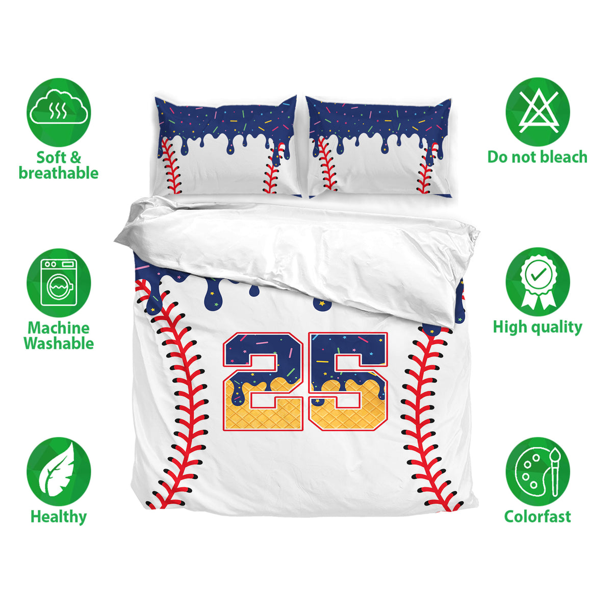 Baseball duvet cover bedding set shown with matching pillowcases and soft breathable bedding features