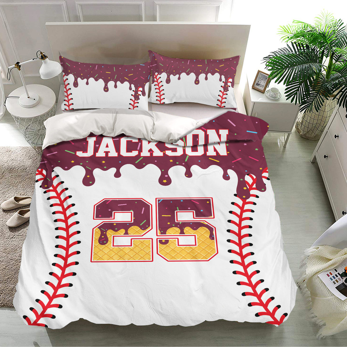 Maroon baseball duvet cover set styled in a bedroom with bold jersey-inspired artwork and baseball stitching
