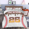 Brown baseball duvet cover bedding set with red stitching, colorful accents, and sporty bedroom decor