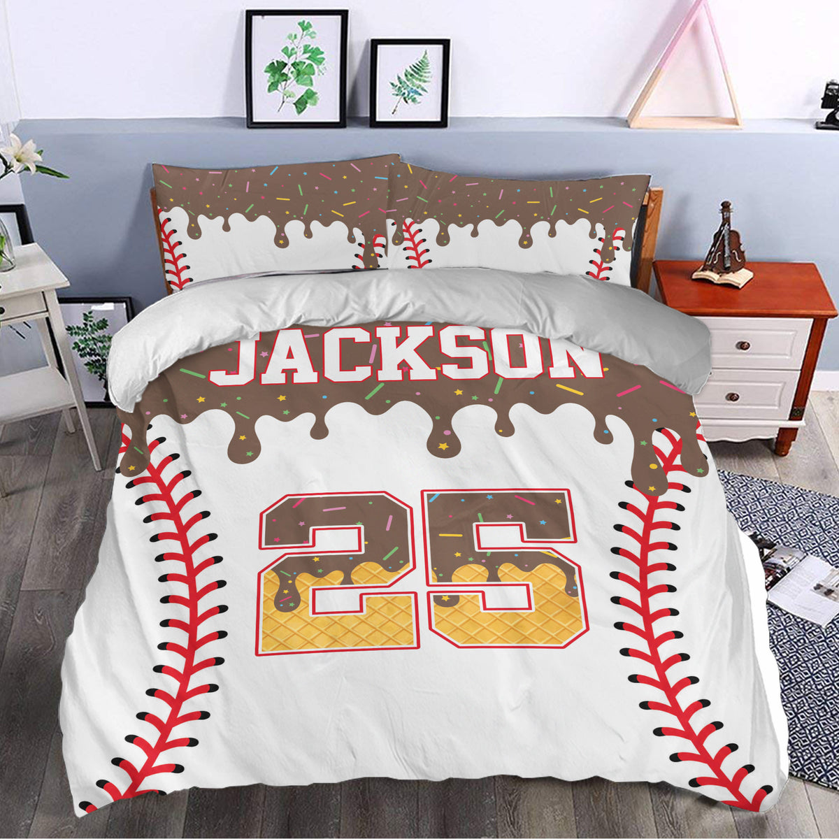 Brown baseball duvet cover bedding set with red stitching, colorful accents, and sporty bedroom decor