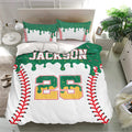 Green baseball duvet cover set featuring bright stitching, colorful sprinkles, and bold sports artwork