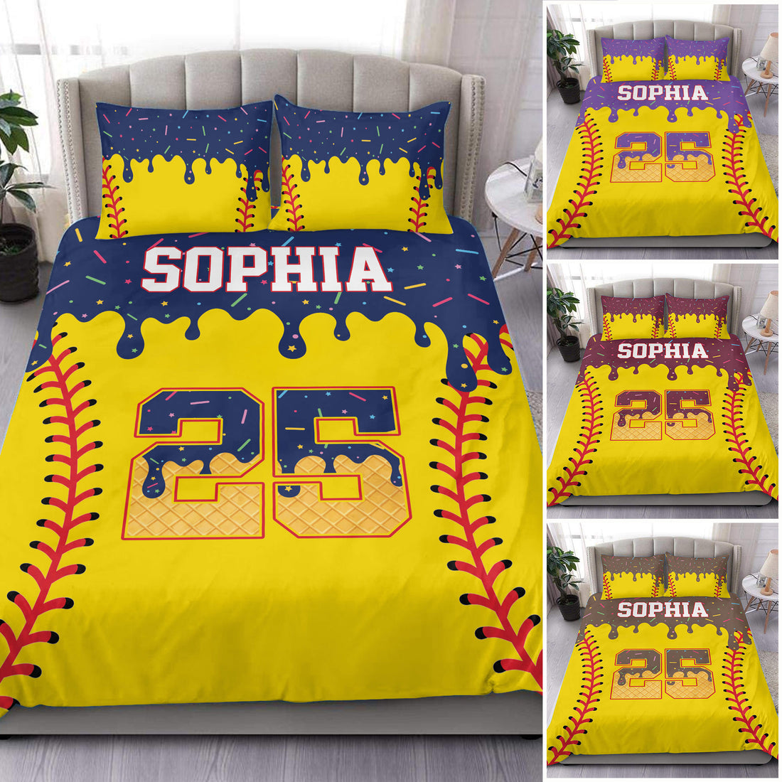 Softball duvet cover set with bright yellow artwork, red stitching, navy accents, and custom jersey-style details
