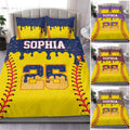 Softball duvet cover set with bright yellow artwork, red stitching, navy accents, and custom jersey-style details