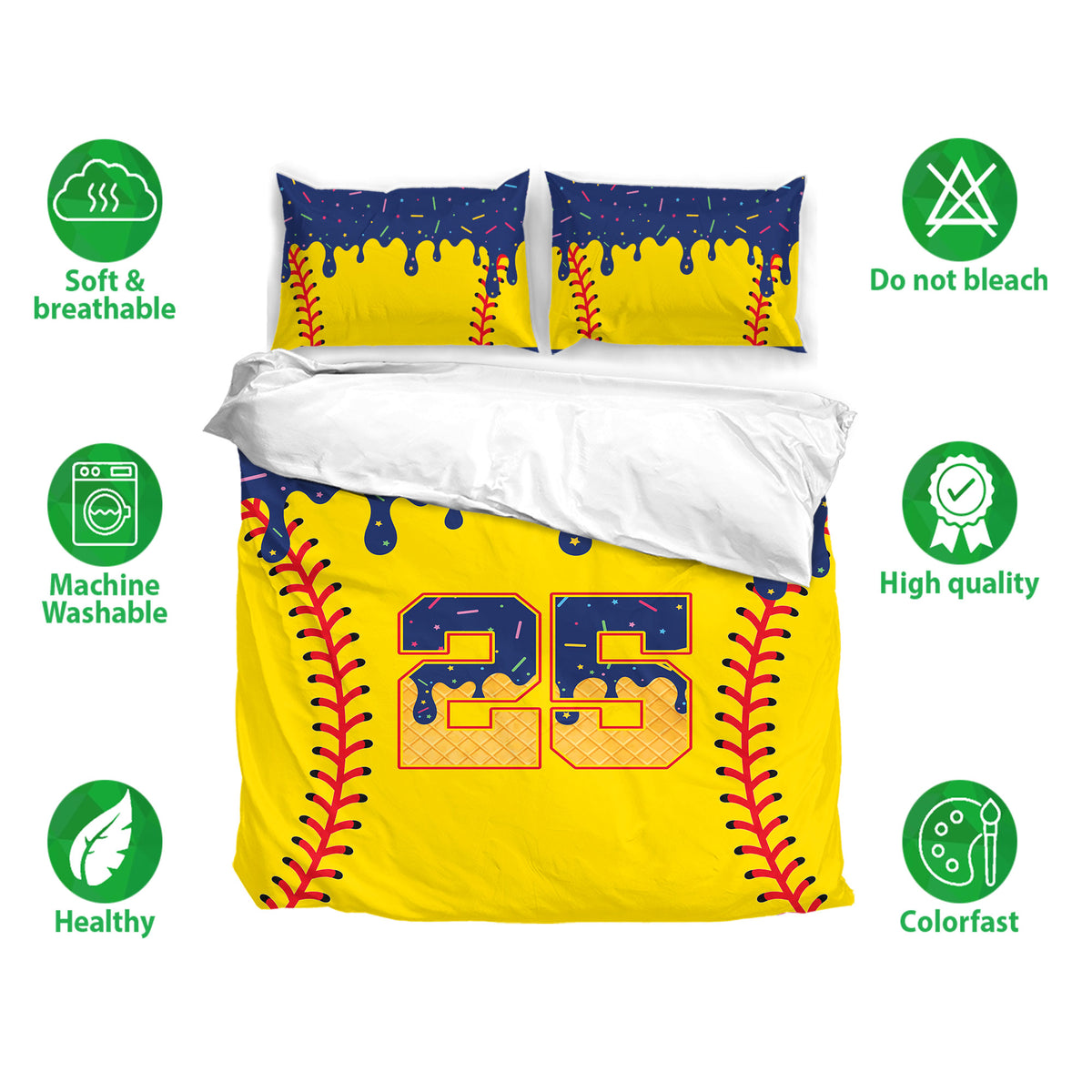 Softball bedding set displayed on a bed with bright yellow design, red stitching, and colorful accents